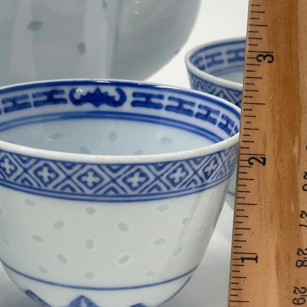 Vintage Chinese Rice Grain Blue & White Porcelain Tea Set Teapot + 4 Cups